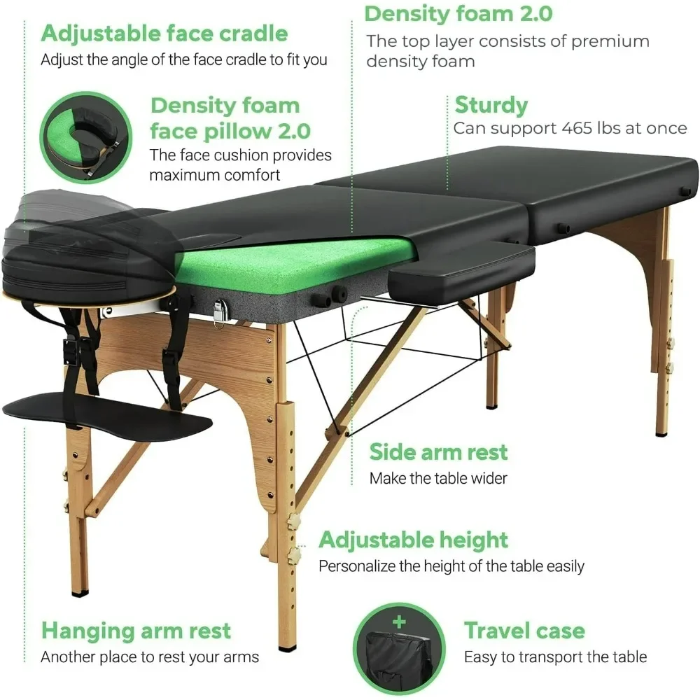 Mesa de masaje de espuma de primera calidad, fácil de configurar, plegable y portátil con estuche rodante