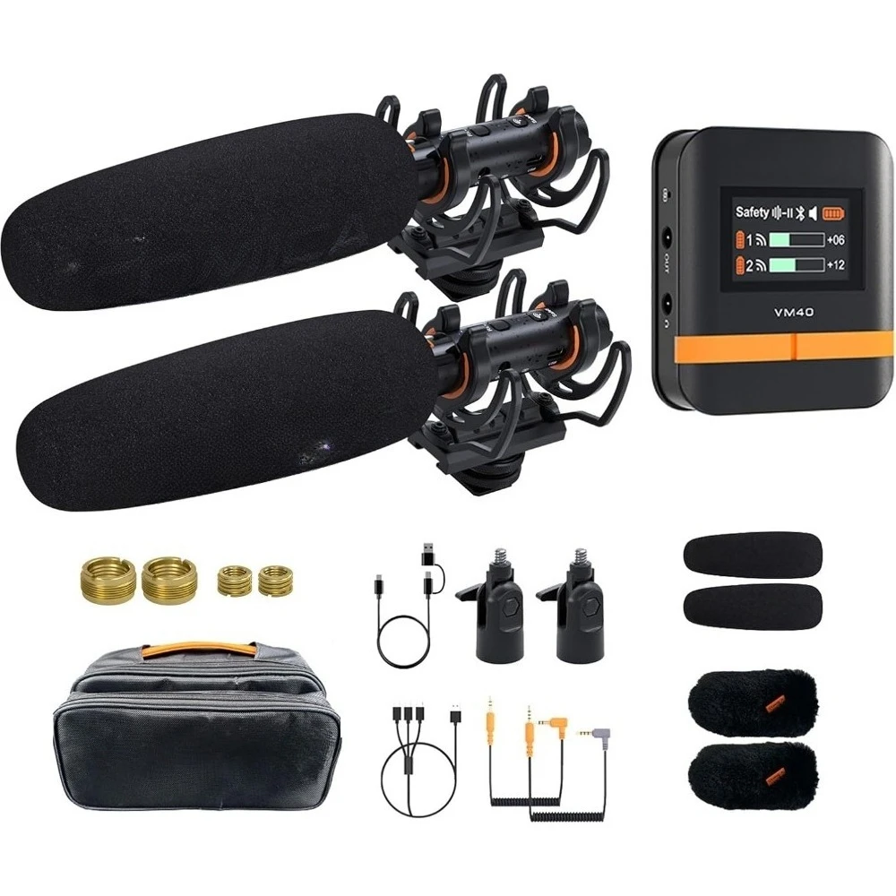 Wireless Shotgun Microphone Dual Channel Super Cardioid Condenser Mic for Camera Smartphone PC Recording