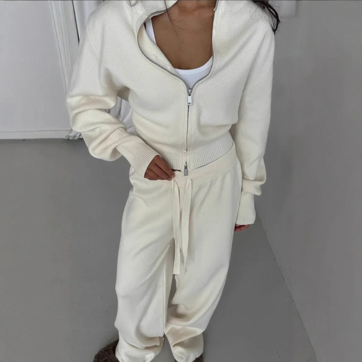 Women Cotton Knitted Cardigan Wide Leg Pants Suit Autumn and Winter Lady  Fashion Loose Daily Office Jacket Straight Pants 2Pcs