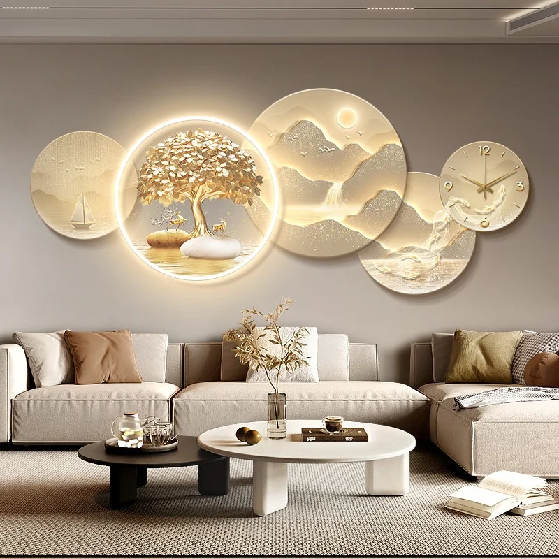 Light Luxury Wealth Tree Led Decorative Painting Home Decoration Clock Living Room Sofa Bedroom Wall Corridor Mural Light