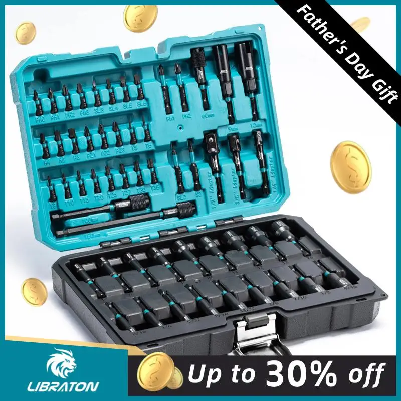 

LIBRATON 54PCS Magnetic Nut Driver Set, fathersdaygift, Impact Drill Driver Bit 1/4", Metric & SAE Nut Driver for Impact Drill