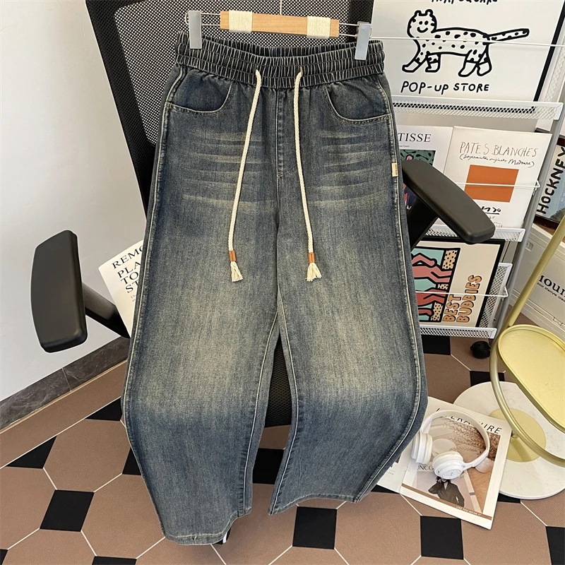 

Vintage Waed Loose Casual Men's Jeans Elastic Waist American Sle Trendy Brand Spring Autumn Loose Straight Leg Jeans