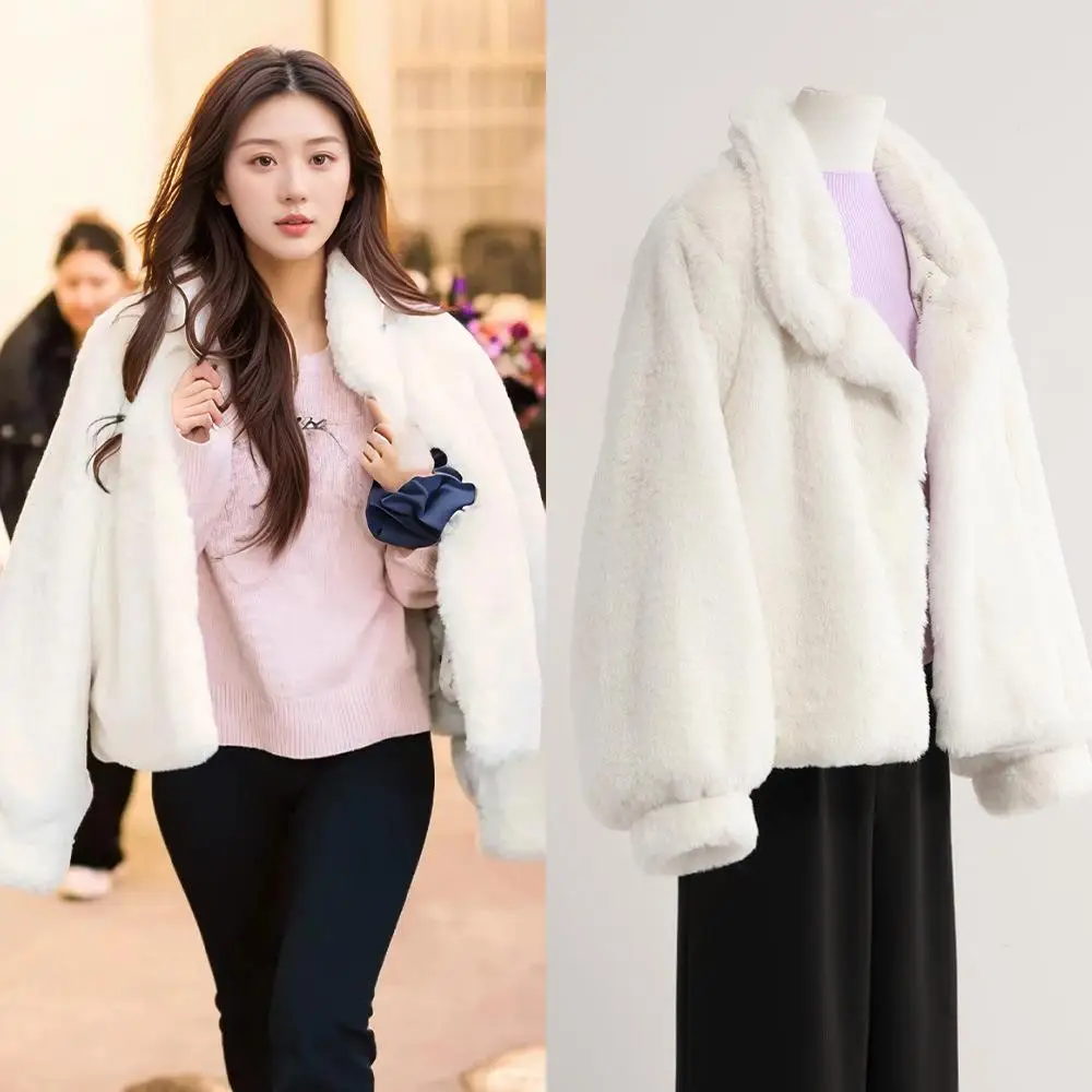 

Thiened Rabbit Fur Jaet Women's Winter Coat Fluffy Luxury Eco-friendly Leather Top Long Sve Color Cotton Clothes