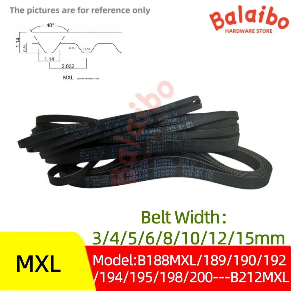 

High Torque Rubber MXL Timing Belt Width 3/4/5/6/8/10/12/15mm Model number B188MXL/189/190/192/194/195/198/200/202---B212MXL