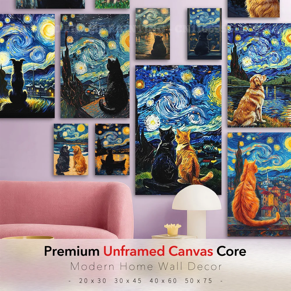 Starry Night Sky Animal Canvas Poster Cat Dog Watching Stars Moon Wall Art Painting Kids Room Baby Bedroom Home Decor Gift