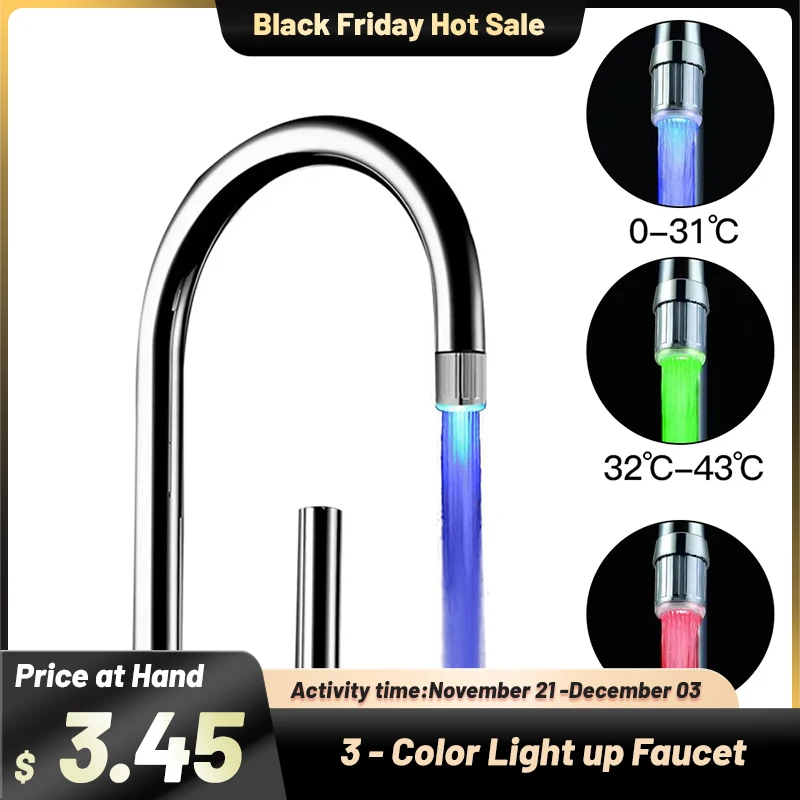 Sensitive 3-Color Light-up Faucet Kitchen LED Temperature Taps Glow Water Saving Faucet Light Aerator Tap Nozzle for Bathroom