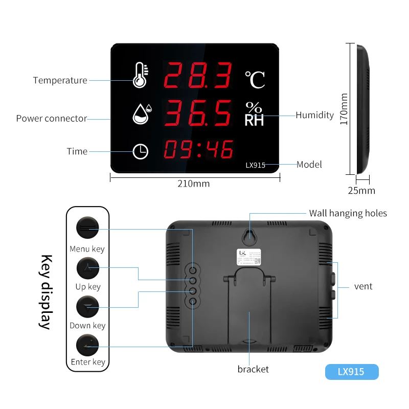 Industriële Temperatuur-En Vochtigheidsmeter Lx915 Display-Instrument Binnen-En Buitenthermometer Led Elektronisch Digitaal Alarm