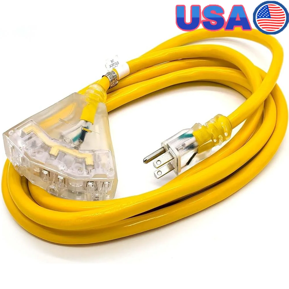 

10ft Heavy Duty Extension Cord 10 Gauge 3 Outlet Lighted SJTW Indoor Outdoor Plug Power Splitter Generator Appliance Cord
