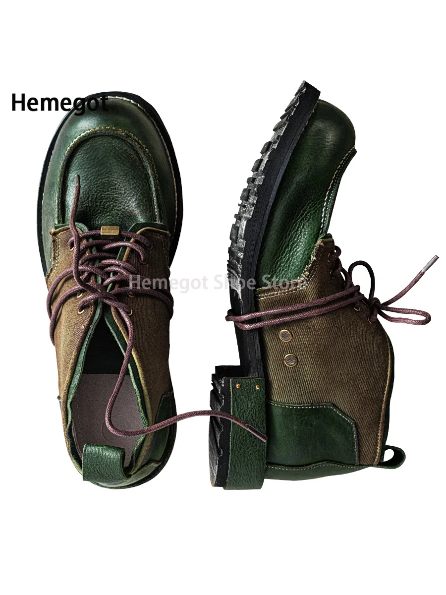 Dark Green Handmade Derby Shoes for Men Brand Design Office Work Leather Shoes Mixed Colors Vintage Lace-Up Fashion Men\'s Shoes