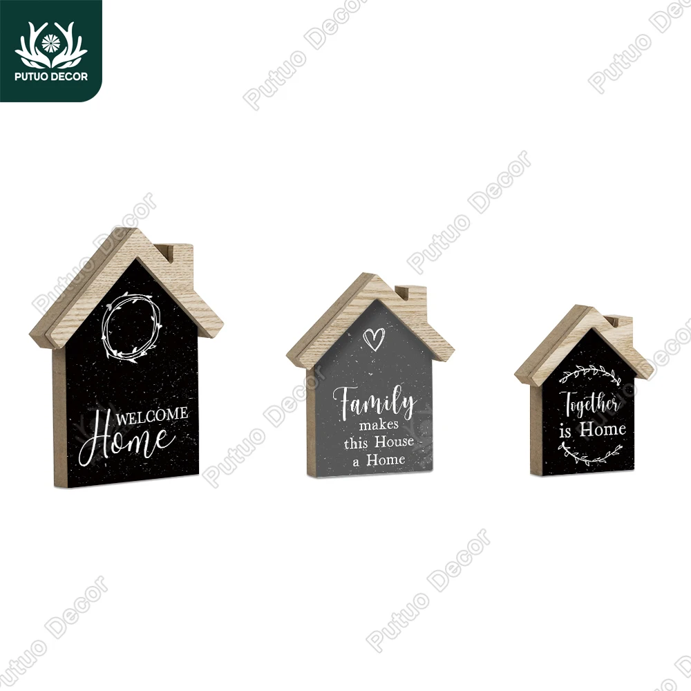 Putuo Decor 3pc Black and Grey House Shape Wooden Table Decoration, Suitable for Family Farmhouse, Living Room Bedroom,  Gifts