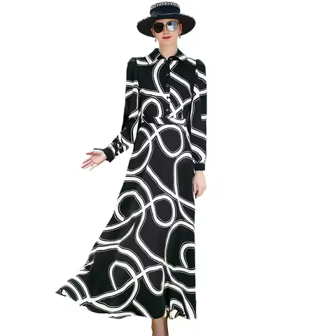 Original Design Turn-down Collar Printed Black White Long Dress Long Sleeve Women Evening Dress Vintage Party Birthday Dress