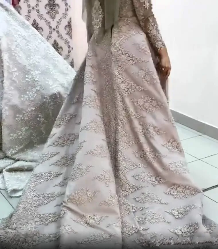 Robe de Mariée Musulmane en Dentelle Perlée, Tenue de Luxe, Champagne, Dubaï, Col Haut, Manches sulf, Vintage, Surjupe Arabe Personnalisée