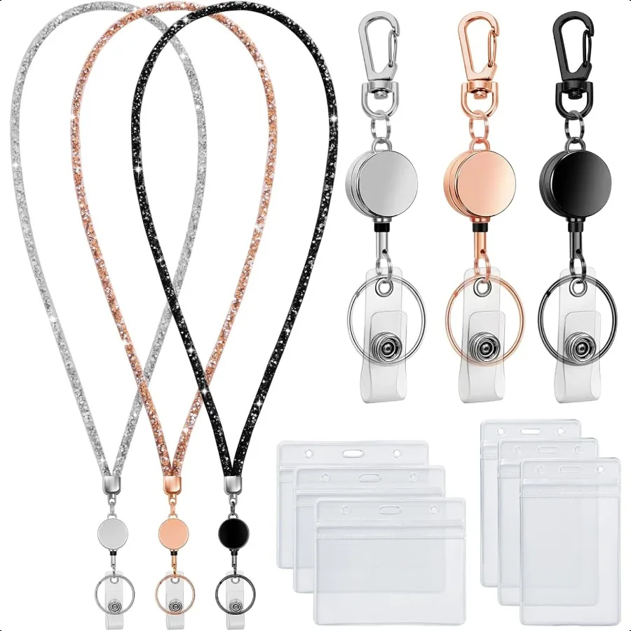 

Lanyards for ID Badges 9 in 3 Set Bling Badge Lanyard with ID Badge Holder Retractable Crystal Teacher Lanyard Retractable Keyc