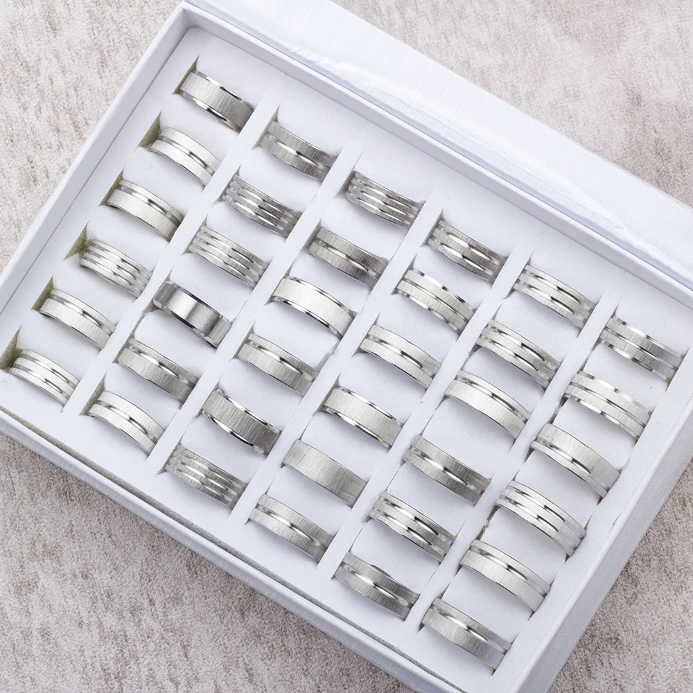 36Pcs/lot Men's Finger Ring Drawing Stripe Stainless Steel Jewelry Rings Wholesale Mixed Styles Mixed Size Gift