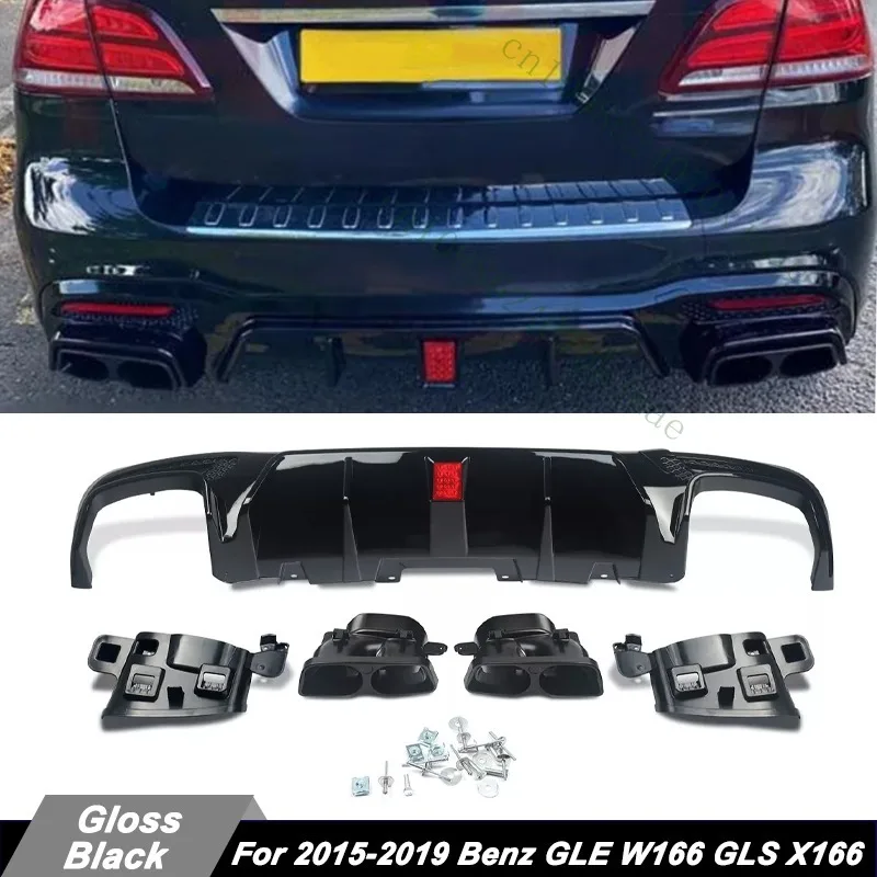 Para Benz GLE W166 GLS X166 2015-2019 Difusor de parachoques trasero negro con LED y escape