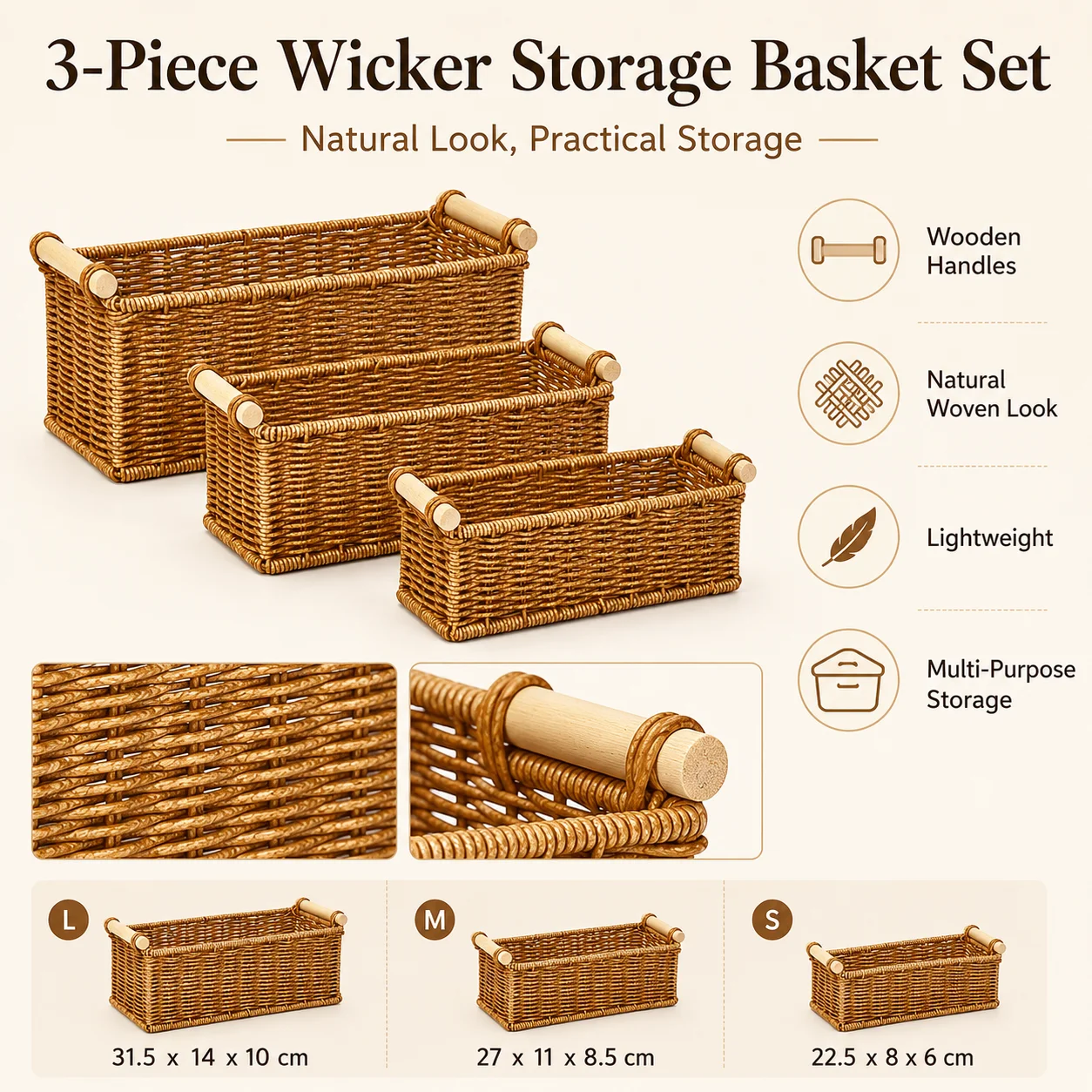 3Pcs Imitation Rattan Storage Basket Set with Wooden Handles, Woven Organizer Bins for Bathroom, Kitchen, Vanity & Home view 6
