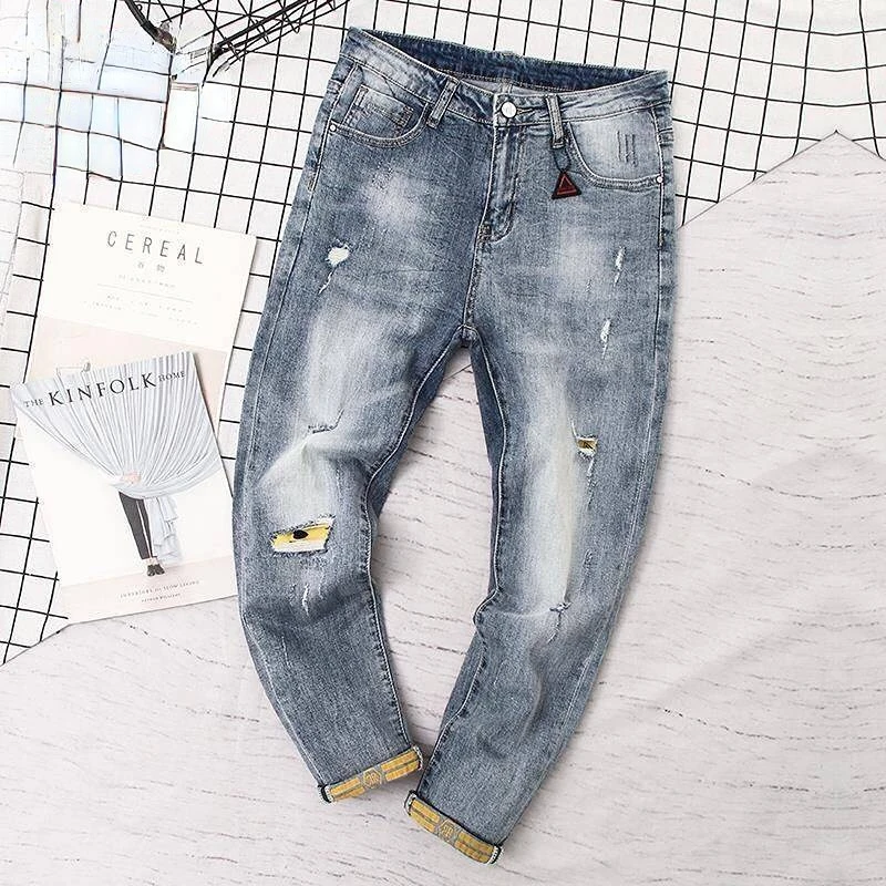 Spring Summer Washed Slim Vintage Clothes Men Street Wear Star Ripped Hole Patch Denim Punk Cargo Jeans Man Cowboy Trousers