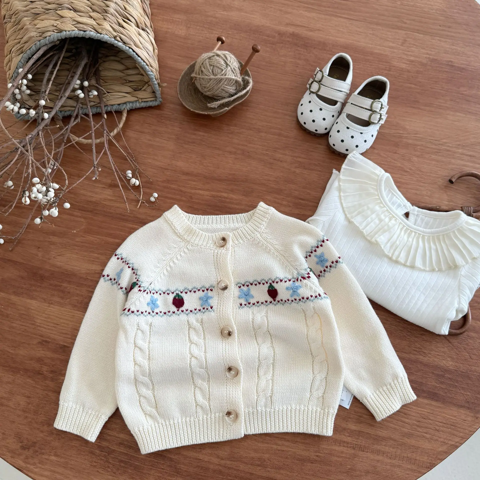 Hand Floral Round Neck Sweater Jacket Baby Girl Spring Autumn New Designer Single Breasted Knit Cardigan Top