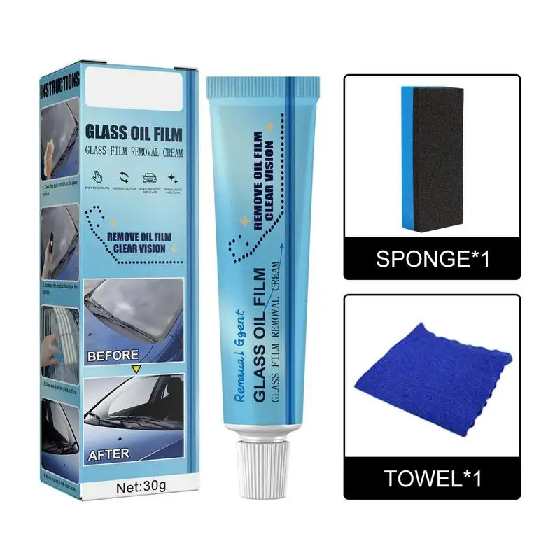 Glass Oil Film Removal Cream Car Glass Polishing Paste with Sponge and Cloth Car Windshield Window Cleaner Glass Film Coating