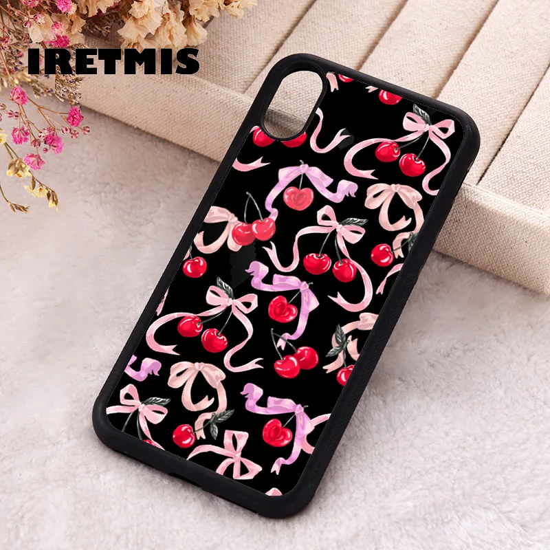 Iretmis Phone Cover Case for iPhone 6 6S 7 8 PLUS X XS XR 11 12 13 MINI 14 15 PRO MAX Rubber Silicone Black Cherry Ribbon