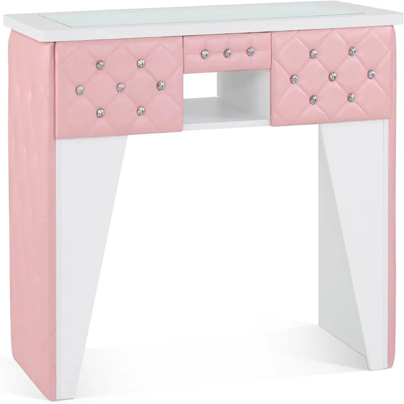Pink white color scheme with three drawers glass countertop with padded manicure table special manicure table for manicure shop