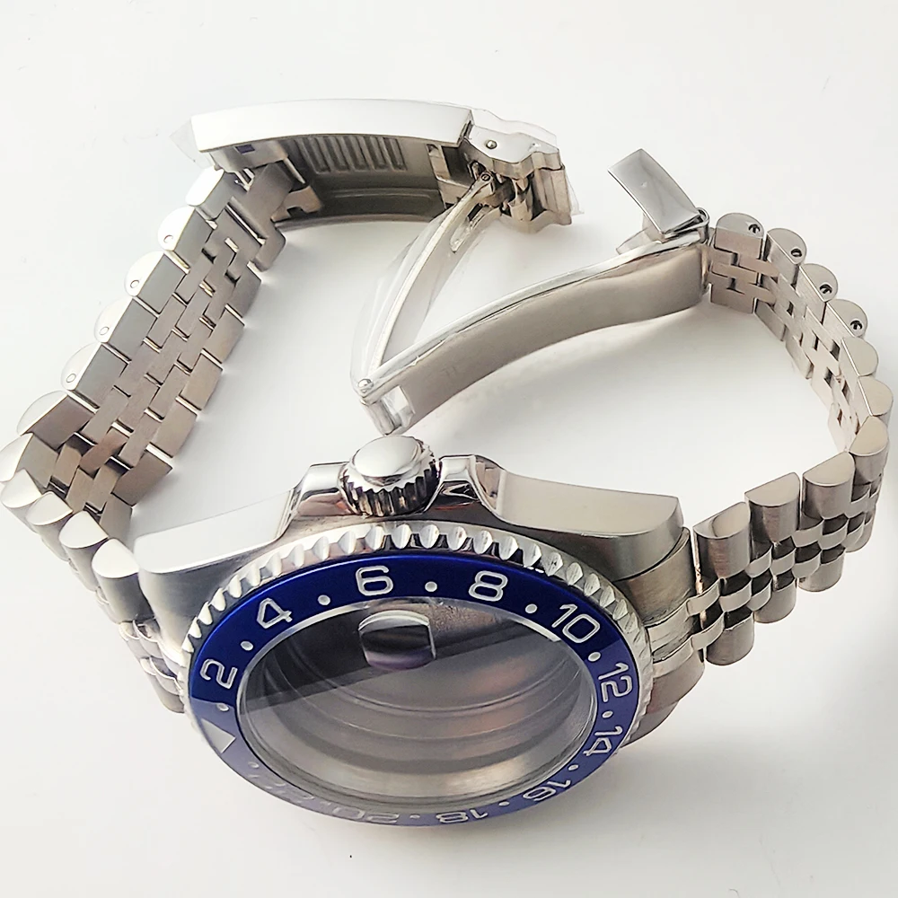 40 مللي متر مقاوم للماء ساعة حافظة الأزرق السيراميك الحافة الفضة انزلاق سوار الياقوت الزجاج يناسب NH35/34 ميوتا 8215 حركة ملحق