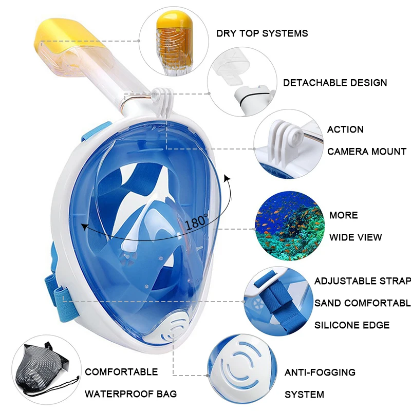 Máscara de mergulho profissional, snorkel facial completo, óculos anti-nevoeiro, equipamento de natação subaquática, crianças e adultos