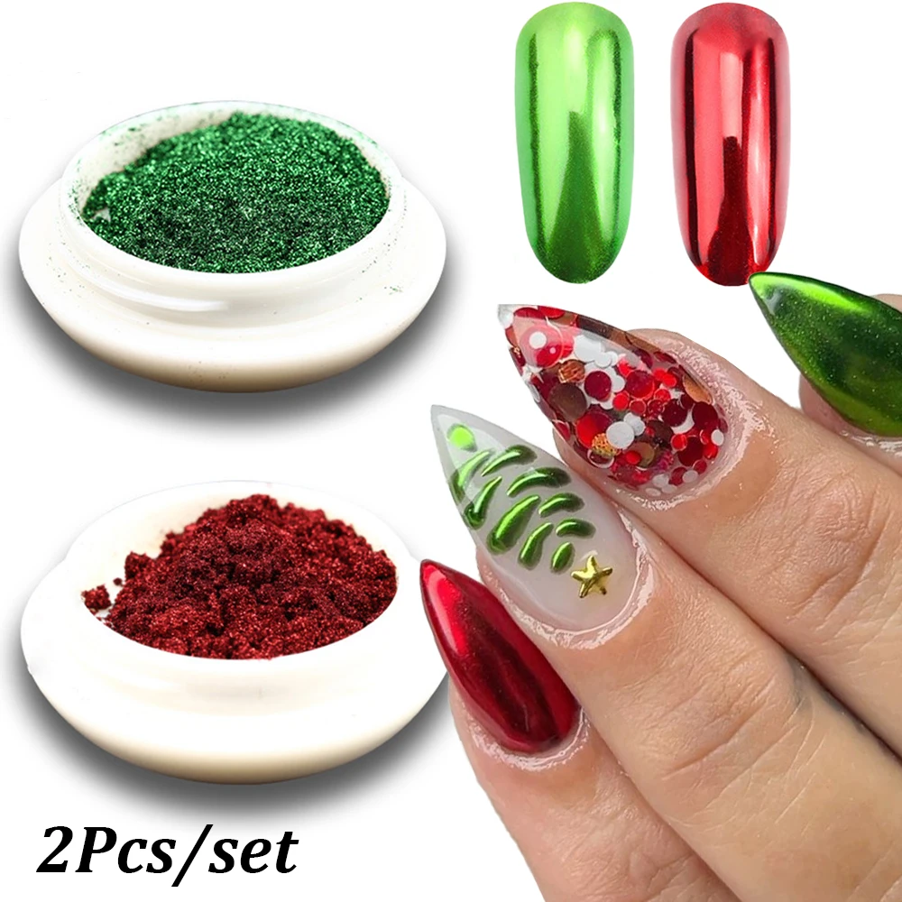 2 vasetti di Natale specchio metallico polvere per unghie cromata rosso verde luccichio per unghie sfregamento glitter pigmento Holo UV gel smalto per unghie polvere #