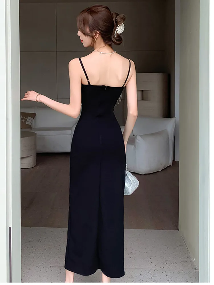 High-end Exquisite Rhinestones Tassel Hollow out Evening Party Prom Drress Summer Sexy Strapless High Open Fork Bodycon Dress