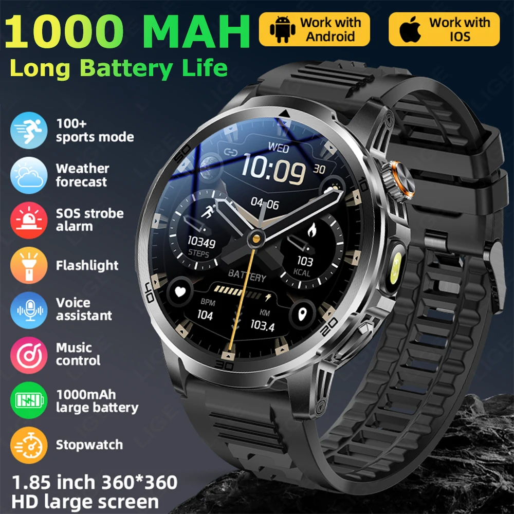 

Новые мужские умные часы LIGE с функцией SOS, световой сигнализацией и LED-фонариком, двойной режим освещения, аккумулятор 1000 мАч, GPS-трекинг, AMOLED-экран 1,85 дюйма