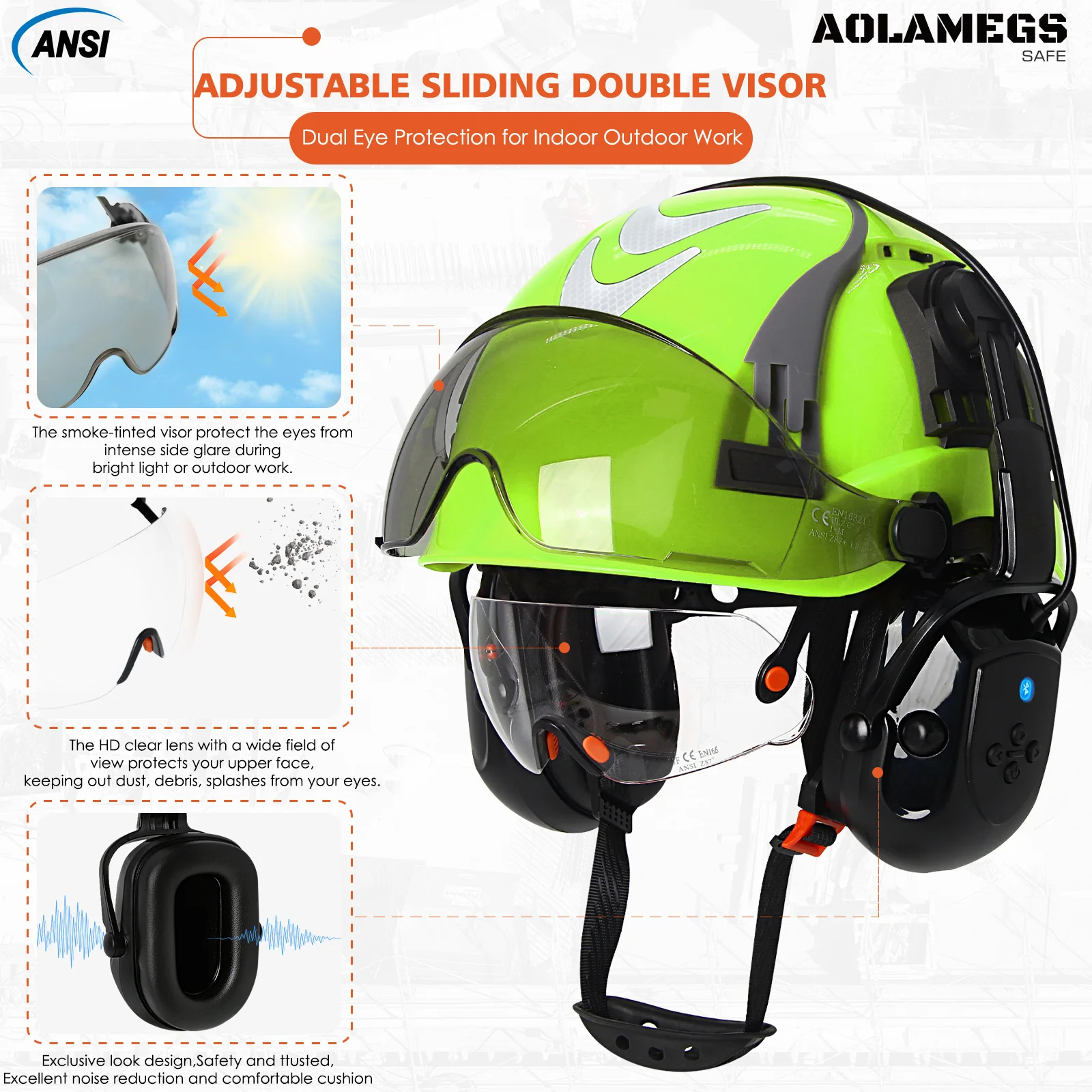 CE  Safety Helmet With Bluetooth Earmuffs Double Visors Reflective Stickers ABS Construction Hard Hat Head Protection Work Cap