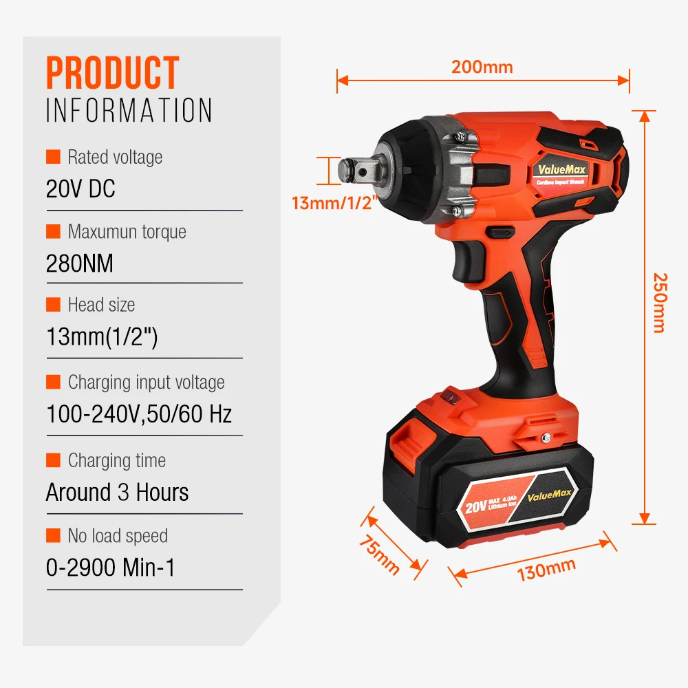 VALUEMAX 20V Electric Wrench 280N.m Brushless Torque Cordless Impact Wrench 4.0Ah Li-ion Battery with Fast Charger Power Tools