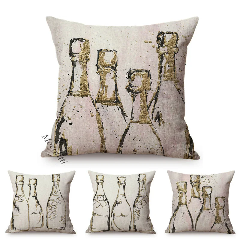 European Champagne Bottle Design 3D Oil Painting Concise Home Decoration Throw Pillow Case Cotton Linen Sofa Chair Cushion Cover