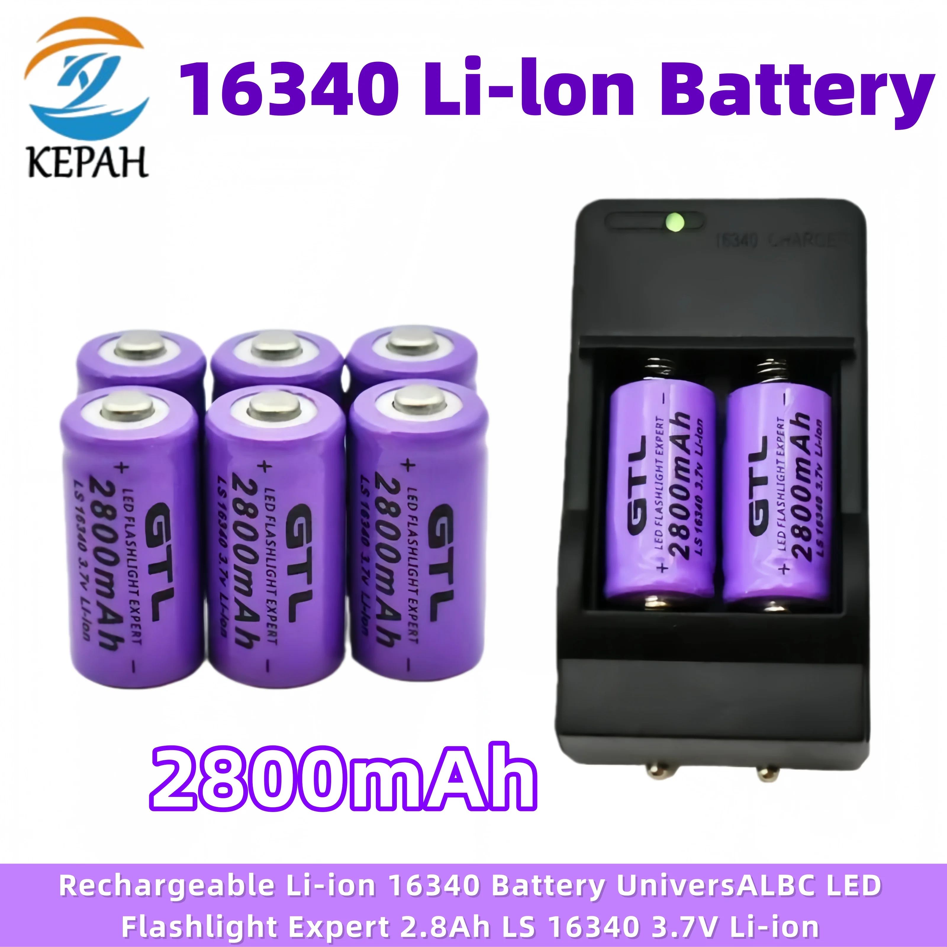 

New 16340 Battery CR123A 16340 Battery 2800mAh 3.7V Li-ion Rechargeable Battery+16340Charger