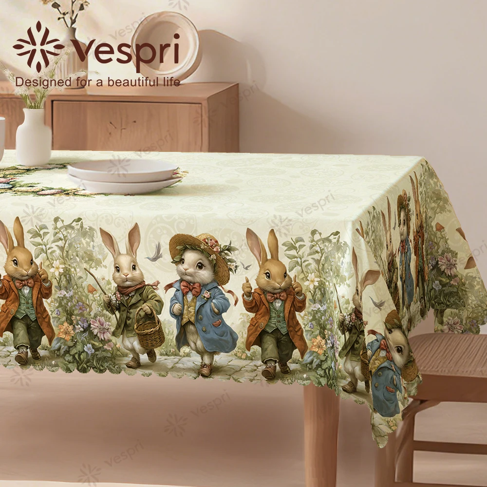 Vespri Oster-Tischdecke Dekor Weiß Grün Hase Blume Gras Rund Rechteckig Oval für Restaurants Partys Feste