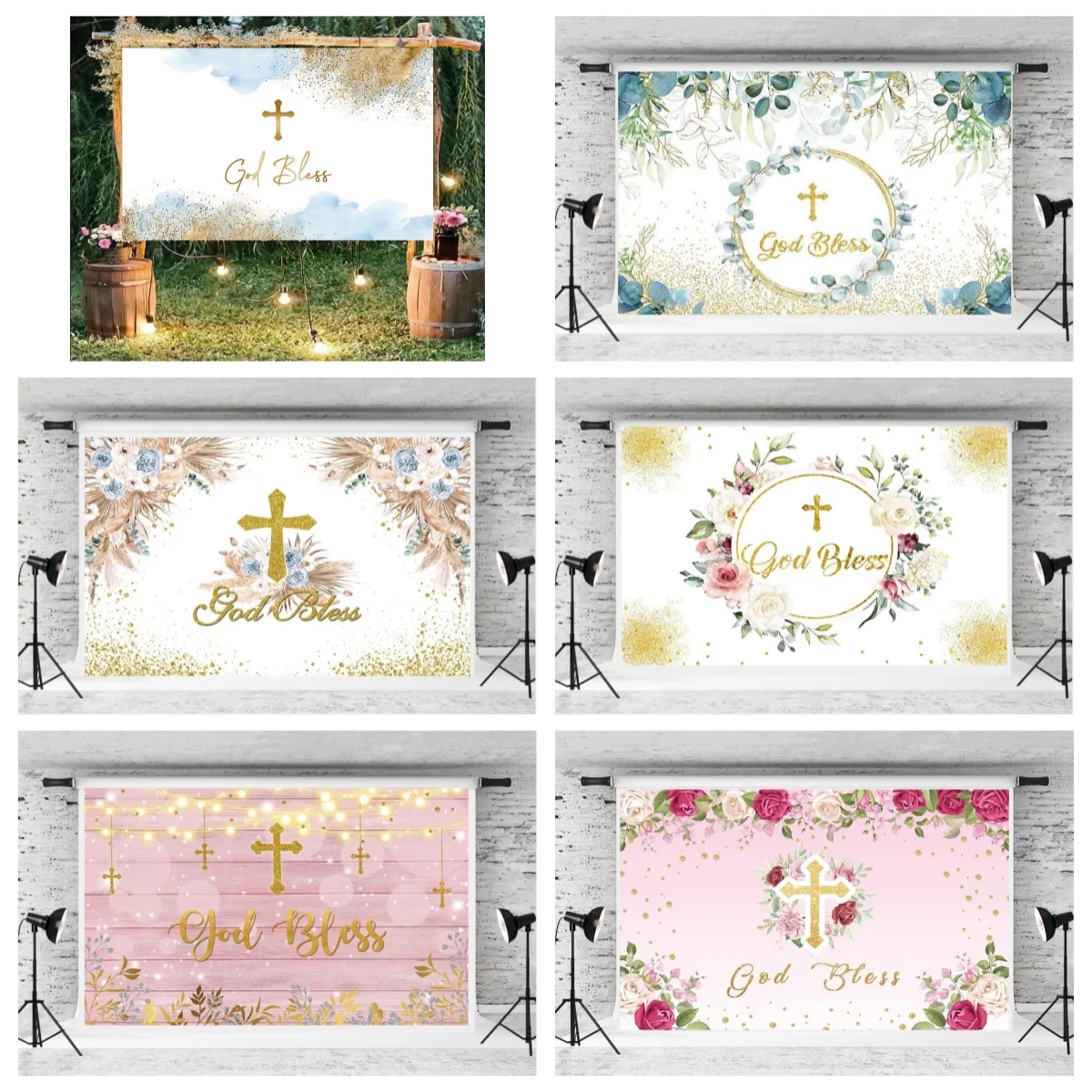 God Bless Backdrop First Holy Communion Baptism Background Flower Gold Dots Christening  Photoshoot Gold Grail Cross Peace Decor