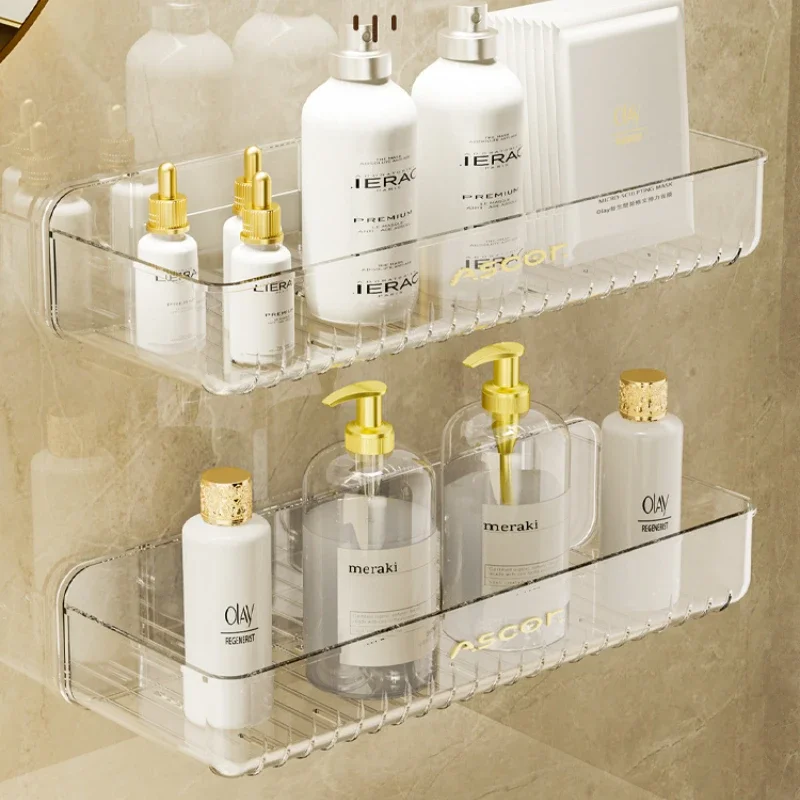 

High Clarity Bathroom Shelf for Family Use, Transparent Ventilation Organizer, Wall Mounted, Non-Punch Storage Rack