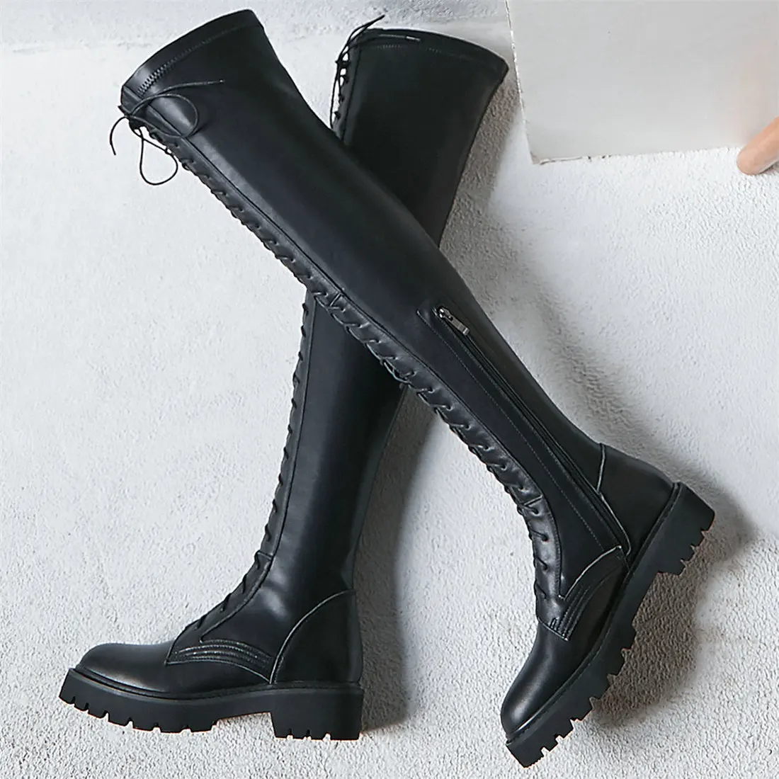 

Winter Warm Shoes Women Lace Up Strap Over The Knee High Motorcycle Boots Female Round Toe Chunky Platform Pumps Casual Shoes