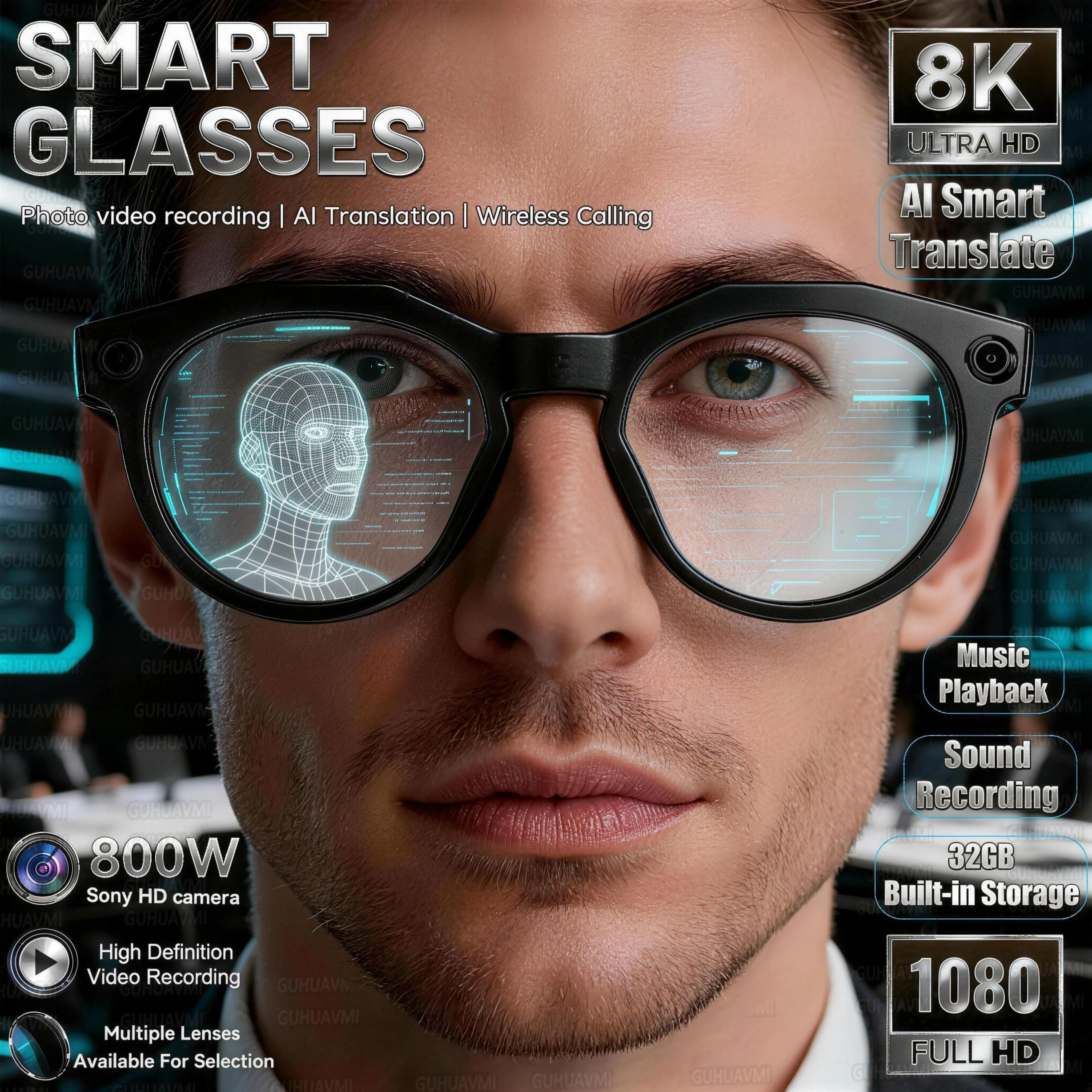 

Новые умные очки с ИИ 2026 года: камера 1080P HD, Chat GPT, память 32 ГБ, 144+ функции перевода, звонки по Bluetooth, музыка, видео. Умные очки для мужчин и женщин.
