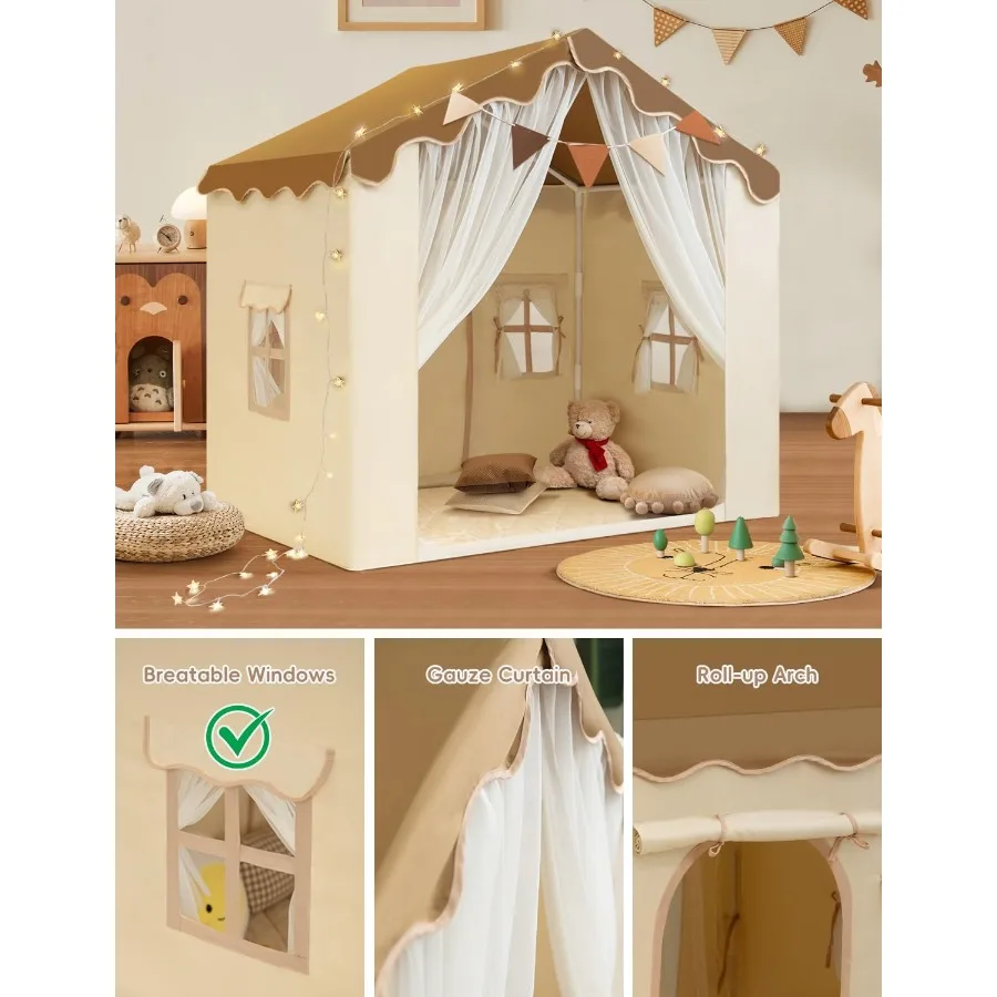 Tent met gewatteerde mat Speelhuistent 2-in-1 speeltent Grote ruimte binnen met 2 deuren en 4 ramen voor meisjes Jongens met sterren Li