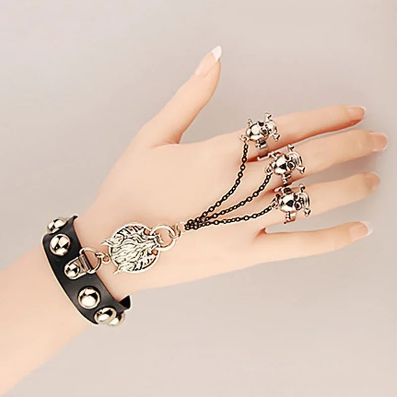 Chic Fashion Jewelry Gothic Skull Wolf Hand Chains Leather Bracelet Fingers Ring Bracelet for Women