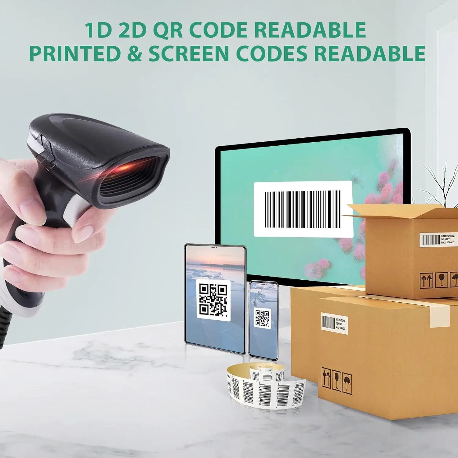 JRHC Barcode Scanner,USB Wired QR Bar Code Scanner 2D Handheld Inventory Scanner Automatic UPC EAN Reader Library Book Scanner