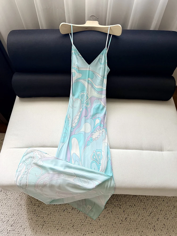 Summer Fashion Beach Resort Elegant Geometric Print Long Dress Women's Spaghetti Strap High Waist Sexy High Side Split Dresses