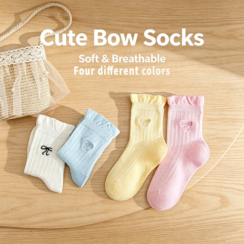 4 Pairs Girls Summer Mesh Socks Cute Bow Embroidery Ruffle Cuff Mid‑Calf Socks Soft Breathable Kids Socks Assorted Colors