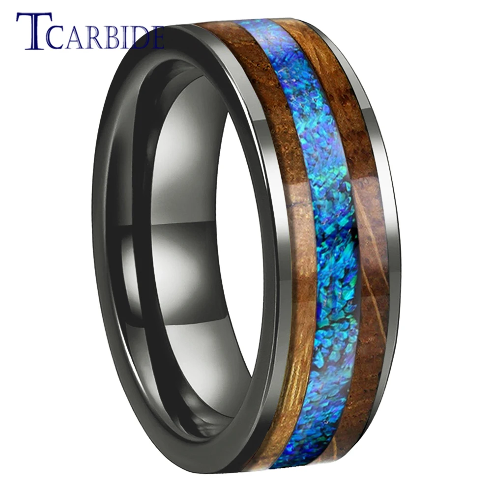 TCarbide 8mm Blue Opal Ring Flat Tungsten Wedding Band For Men Women Fashion Jewelry Polish Shiny Comfort Fit