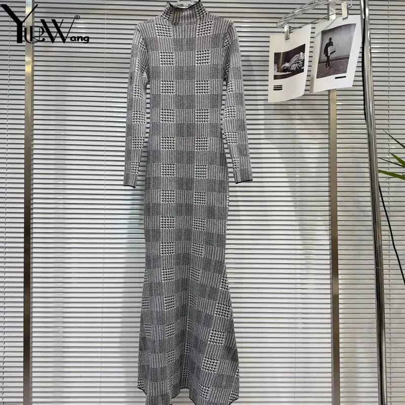 

GetSpring Women Dress 2024 Autumn Winter Plaid Stand Collar Full Sleeve All Match Slim Fit Bottoming Long Knitted Dresses New