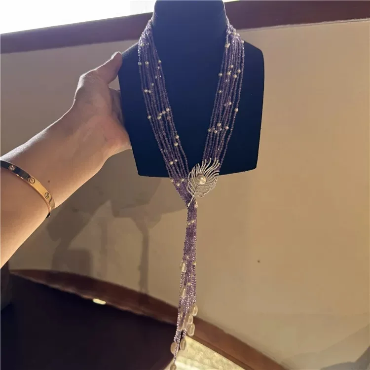 Women's Light Amethyst Pearl Multi‑layer Choker Tassel Necklace,