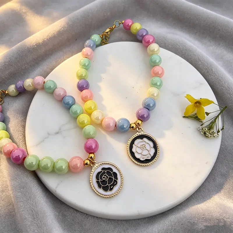 Macaron Beaded Pet Collar Cute Pet Necklace for Birthday Wedding Photo Shoot, Small Dog Cat Dress-up Accessories