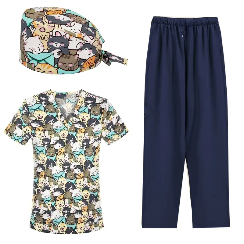 Uniforme de enfermera de Farmacia de manga corta, ropa de trabajo para médico de Hospital de mascotas, uniformes de cirugía Dental, traje de tres piezas con estampado de dibujos animados médicos