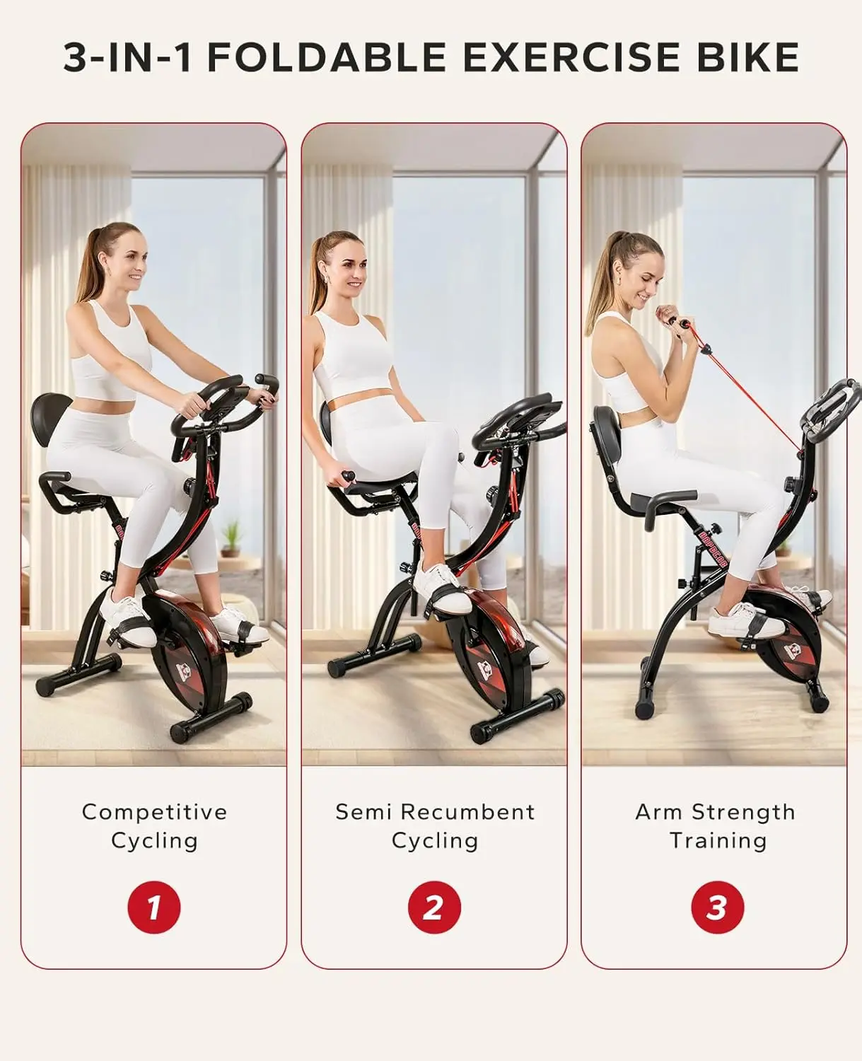 Folding Exercise Bike Magnetic Foldable Stationary Bike, 3 in 1 Mode Indoor Upright Fitness Workout X-Bike with 8-Level